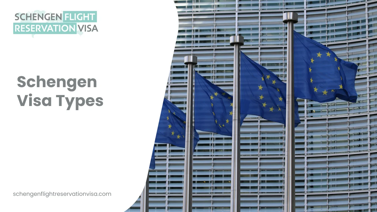 European Union flags outside a modern building with text “Schengen Visa Types” by Schengen Flight Reservation Visa.