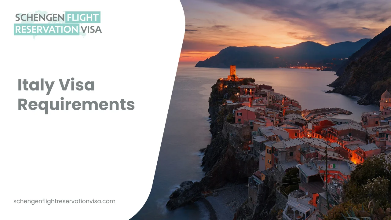  An aerial view of the cliffside village of Vernazza in Cinque Terre, Italy, at sunset, featuring its iconic colorful houses, a medieval tower, and a small harbor with boats nestled against the rugged coastline and turquoise Mediterranean Sea. The left side of the image includes a white overlay with the text 