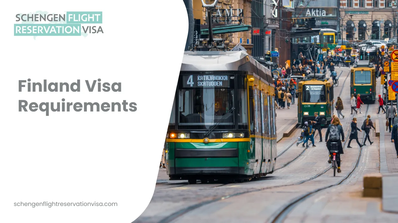  Here is the alt text for the sixteenth image (Finland Visa Requirements.webp): A street-level view of a vibrant city in Finland featuring a distinctive green and yellow tram traveling down a track. Pedestrians walk along the sidewalk next to historic buildings under a bright, clear sky. On the left, a white graphic overlay displays the 