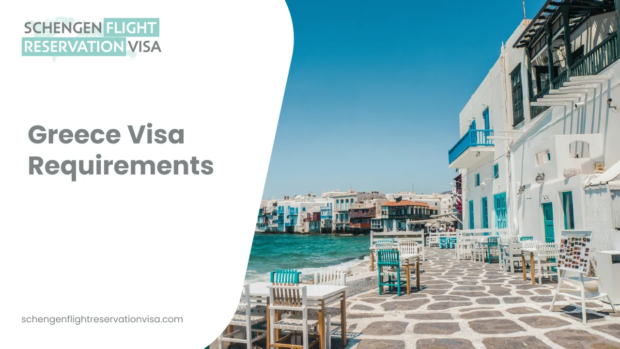 Seaside view of Mykonos, Greece, with whitewashed buildings, blue balconies, and waterfront cafés, representing Greece visa requirements and travel to Greek islands.