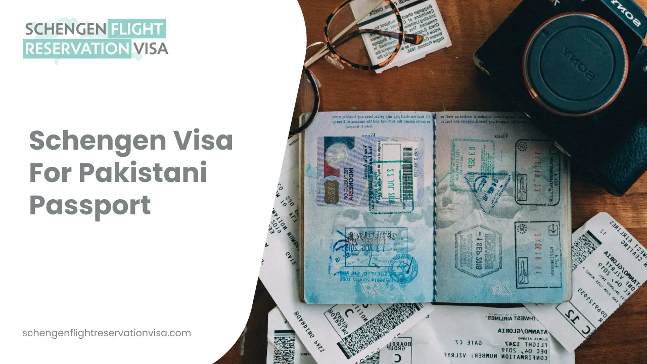 A flat-lay graphic featuring an open passport on a dark wooden surface, displaying several colorful entry and exit stamps from various countries. The left side of the image contains a large white curved area with the text