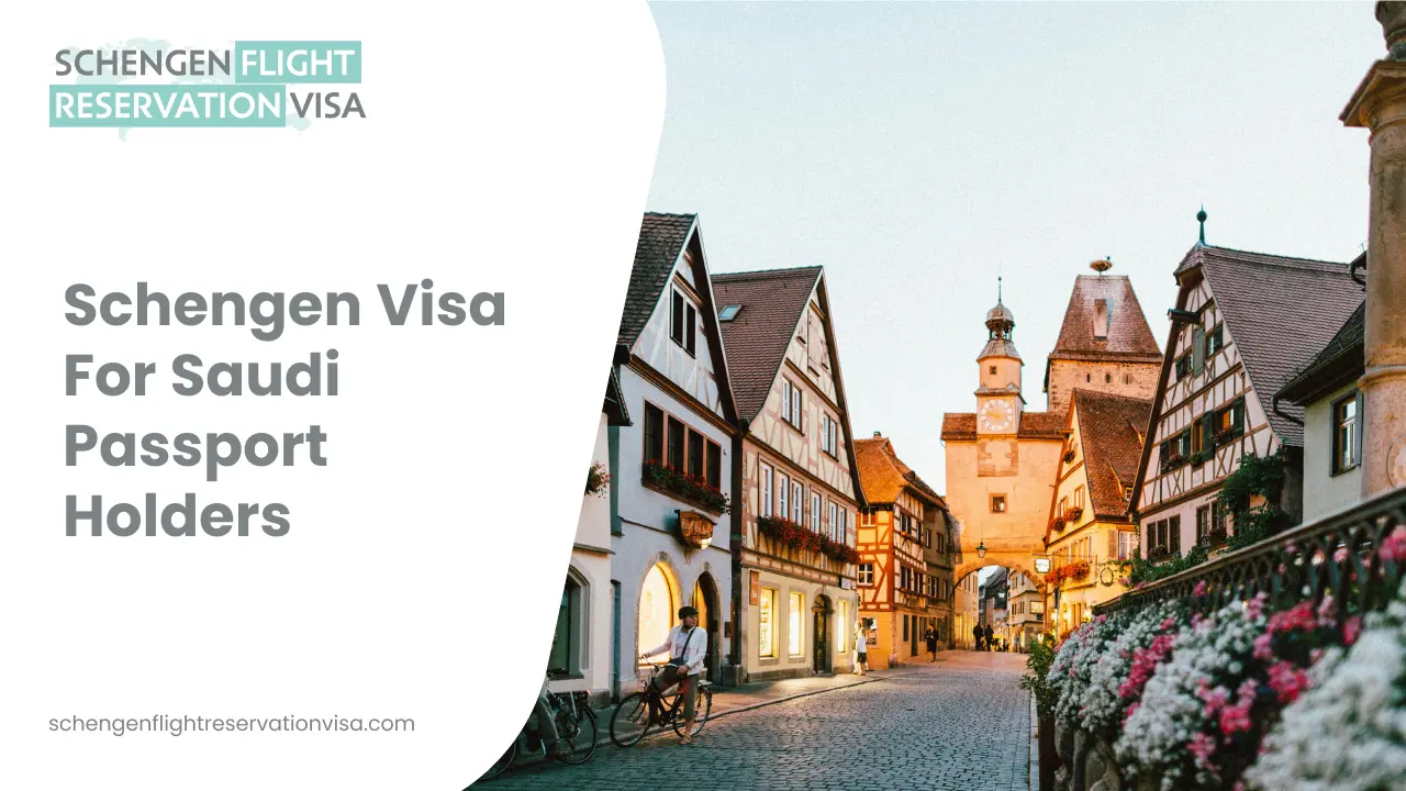 Schengen visa for Saudi passport holders with European old town street and historic architecture background
