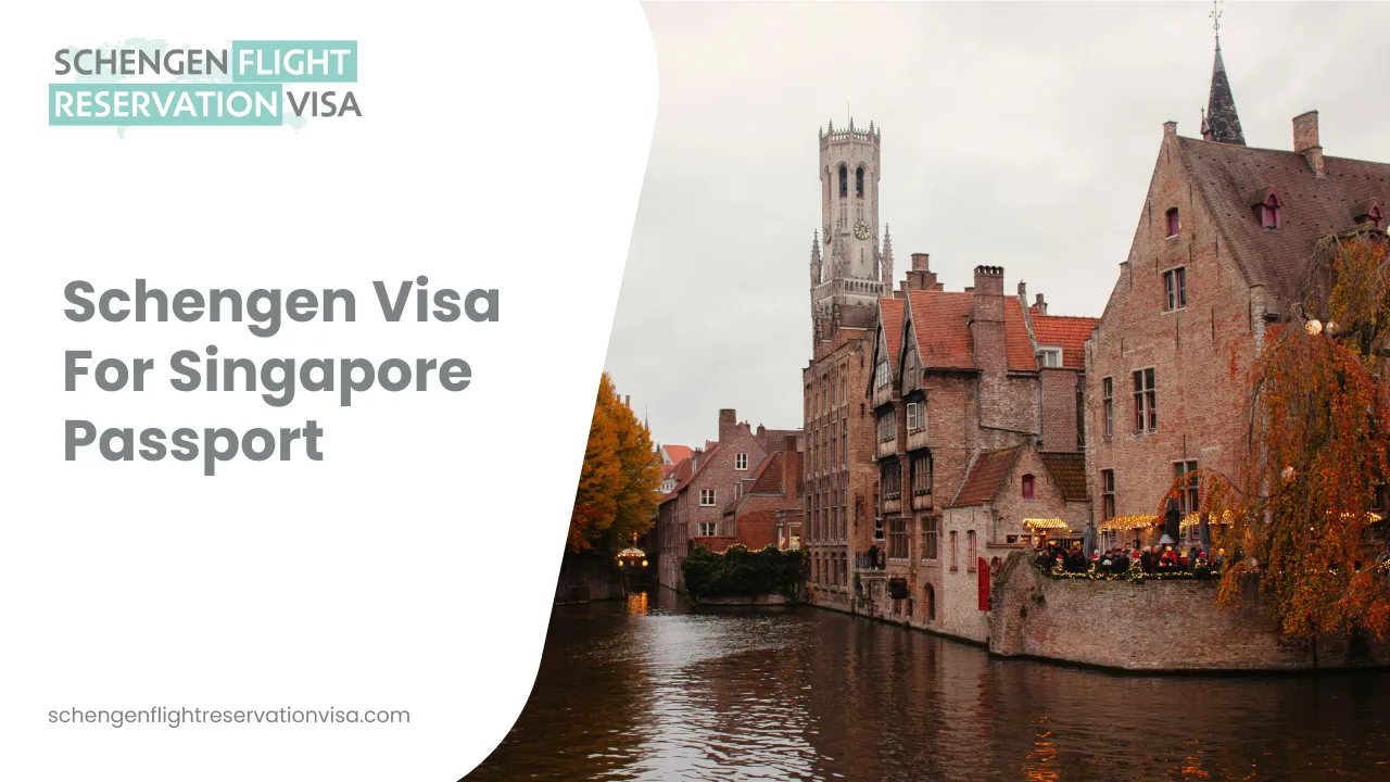 Schengen visa for Singapore passport holders with European canal city featuring medieval brick buildings and church tower, travel reservation banner design