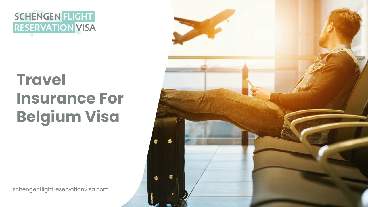 Travel insurance for Belgium visa showing a traveler waiting at the airport with luggage and airplane in background, Schengen visa travel insurance concept.