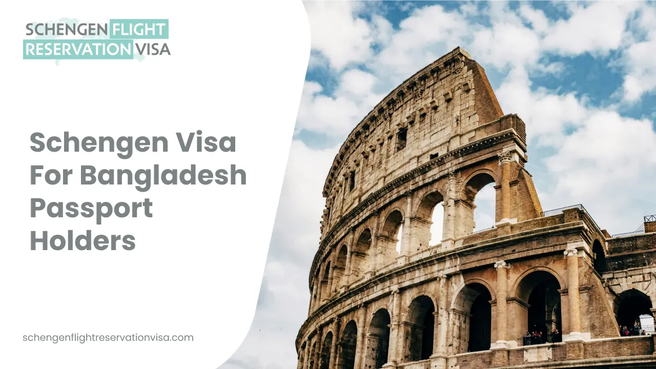 Schengen visa for Bangladesh passport holders banner featuring the Colosseum in Rome with Schengen flight reservation services branding
