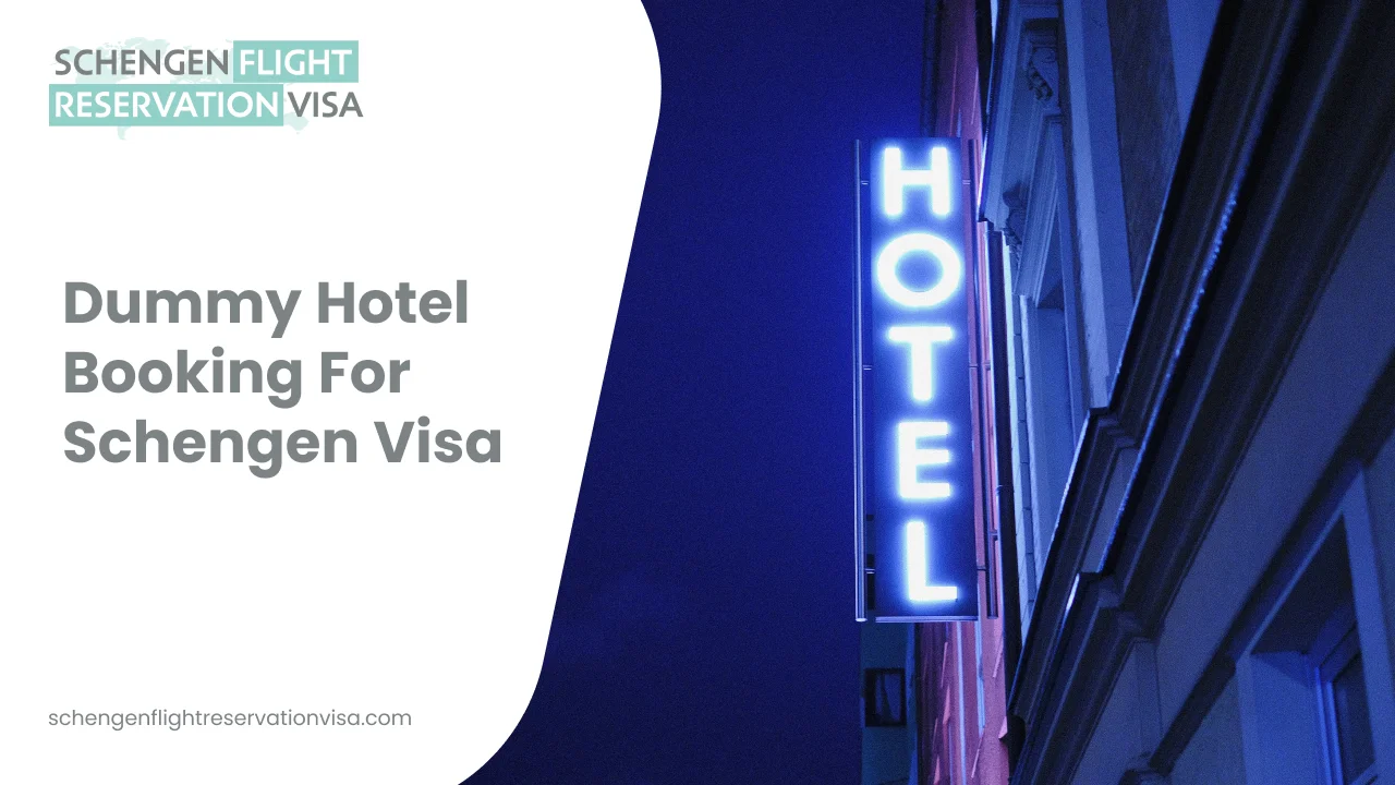 Dummy hotel booking for Schengen visa graphic showing a glowing hotel sign on a building at night, alongside text about Schengen visa hotel reservation requirements.