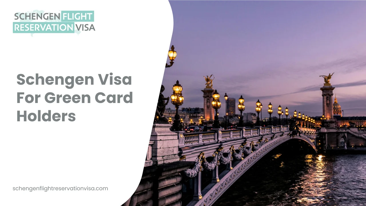 Schengen visa for green card holders promotional banner with illuminated European bridge at sunset and Schengen flight reservation visa branding