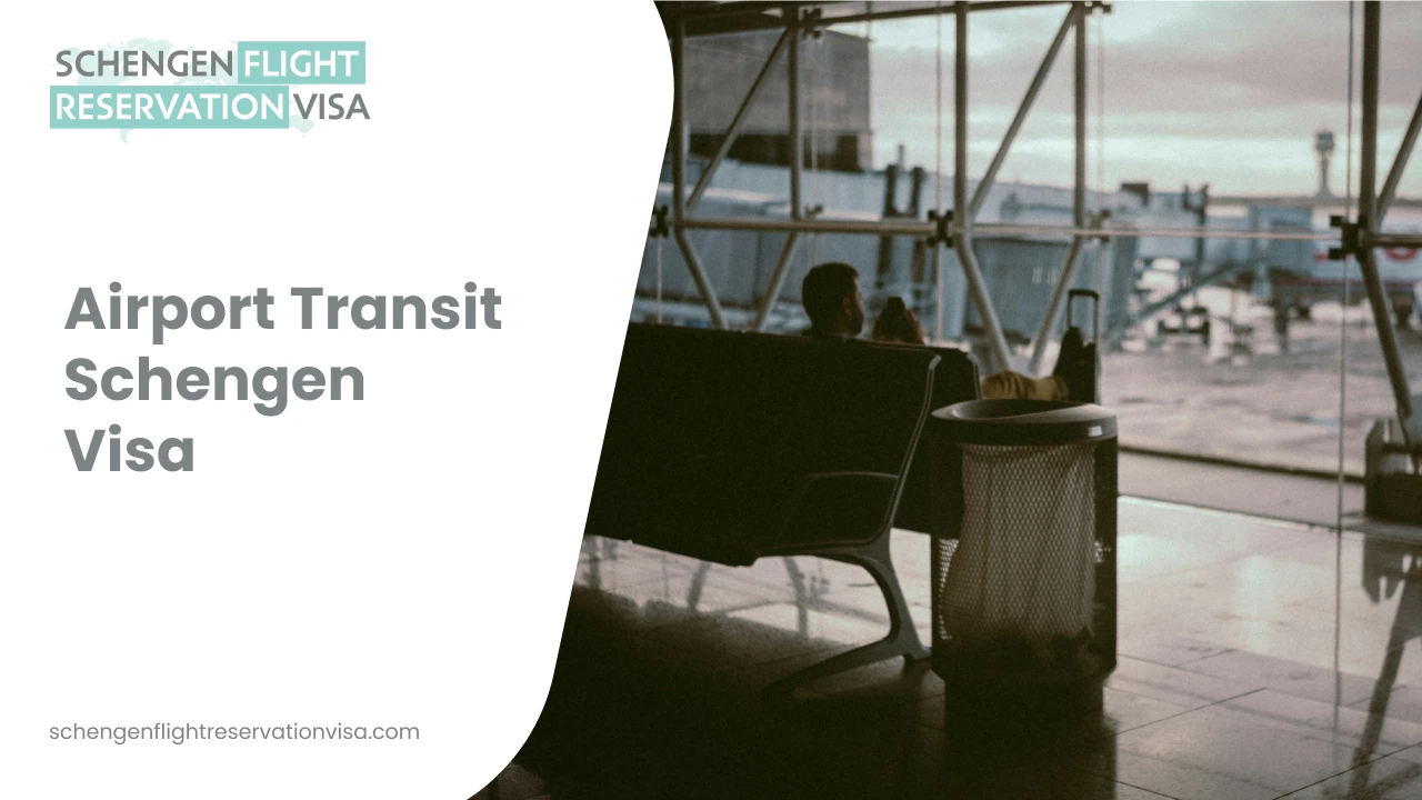 Airport transit Schengen visa information with traveler waiting at airport terminal for connecting flight in Europe