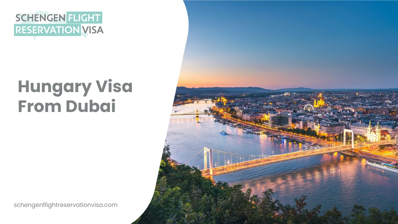 Budapest, Hungary skyline with Danube River and famous bridges at dusk. Visual guide for Hungary visa from Dubai, Schengen visa requirements, flight reservation for visa application, and travel to Hungary.