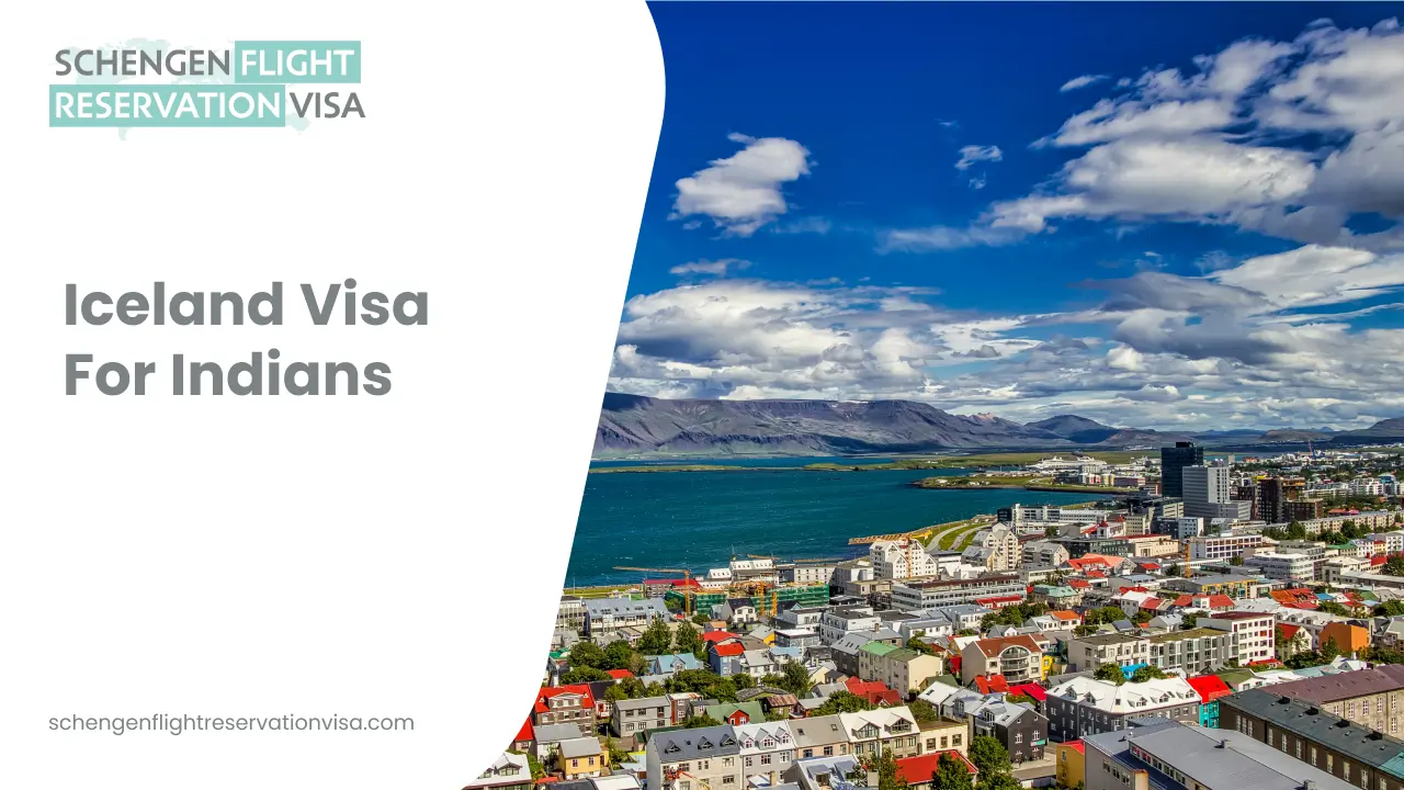 Iceland visa for Indians banner showing Reykjavik city skyline with colorful houses, mountains, and coastline under a blue sky, representing Schengen travel and visa information.