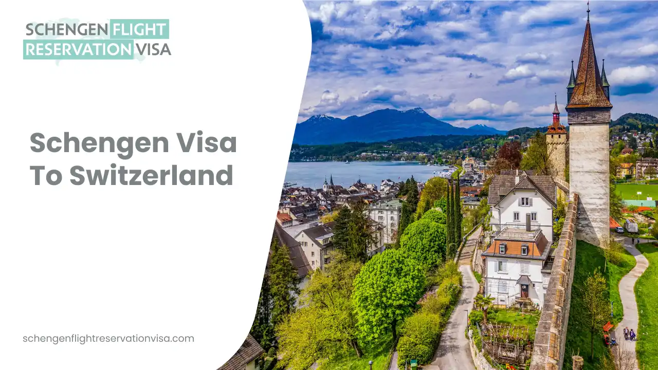 Schengen visa to Switzerland with panoramic view of Swiss city, lake and Alps mountains travel reservation concept