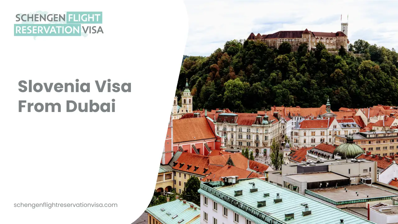 Slovenia visa from Dubai banner showing a panoramic view of Ljubljana city with red-roofed buildings, historic architecture, and Ljubljana Castle on a green hill, promoting Schengen flight reservation visa services.