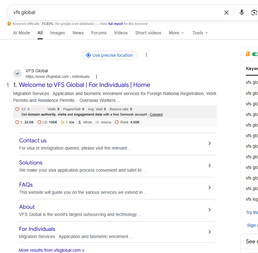 Search for VFS Global website