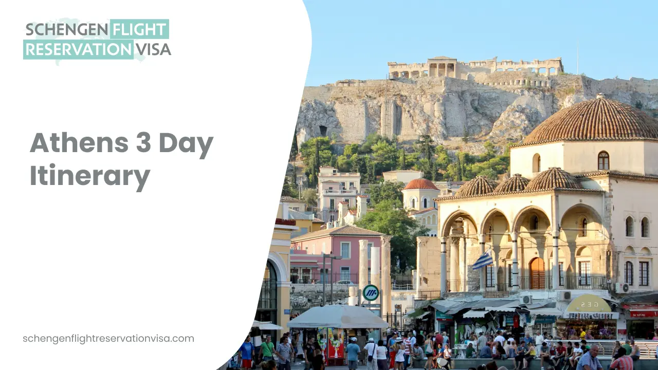 Athens 3 day itinerary cover image featuring the Acropolis overlooking Monastiraki Square, historic churches, and bustling streets in Athens, Greece.