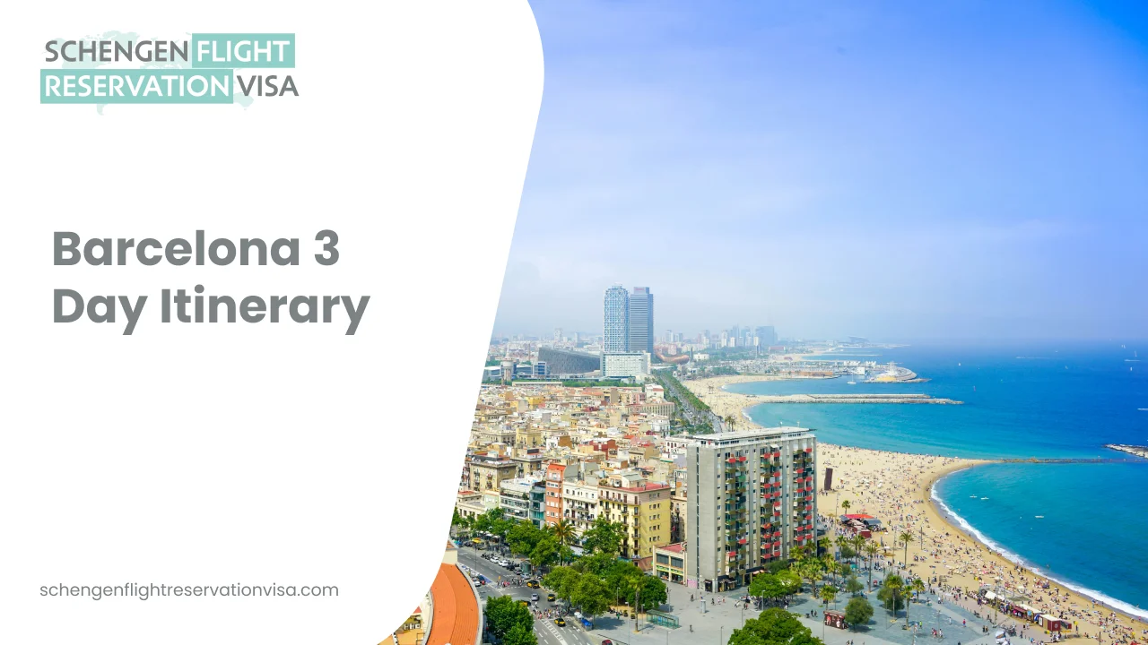 An aerial shot of the Barcelona coastline featuring Barceloneta Beach and the Mediterranean Sea. The city skyline is visible with modern skyscrapers and traditional apartment blocks lining the shore. On the left, the graphic includes the text