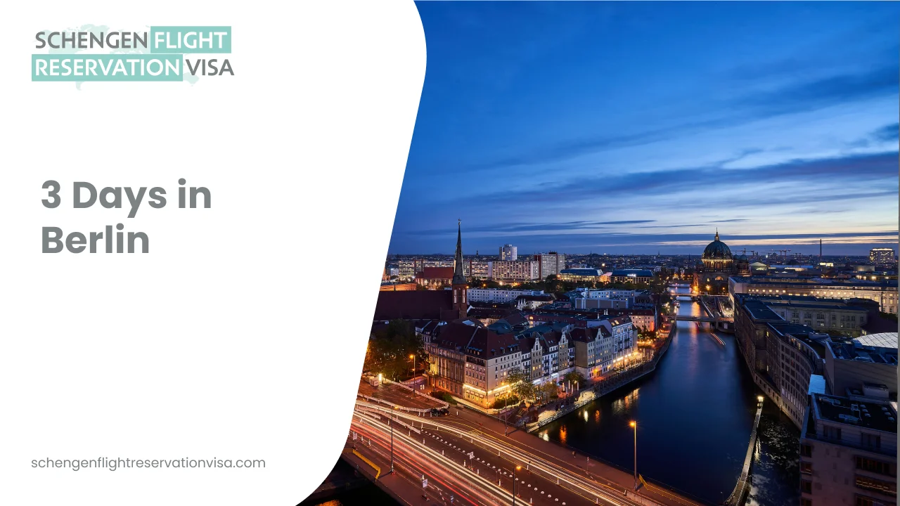 Evening cityscape of Berlin, Germany, featuring the River Spree, Berlin Cathedral, and illuminated historic buildings, ideal for a 3 days in Berlin itinerary and Schengen travel planning.