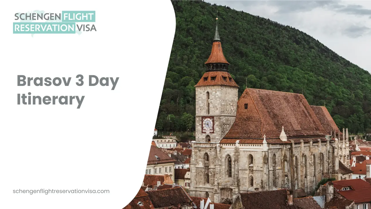 Brasov 3 day itinerary travel guide banner featuring Black Church in Brasov Romania with Schengen flight reservation visa branding