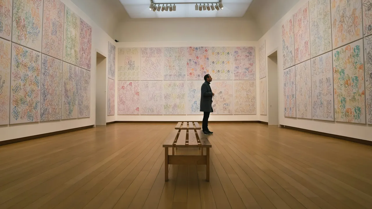 Interior of the Musée de l’Orangerie in Paris featuring a visitor viewing large abstract art panels, minimalist gallery space, wooden floors, and natural light highlighting modern and impressionist exhibitions.