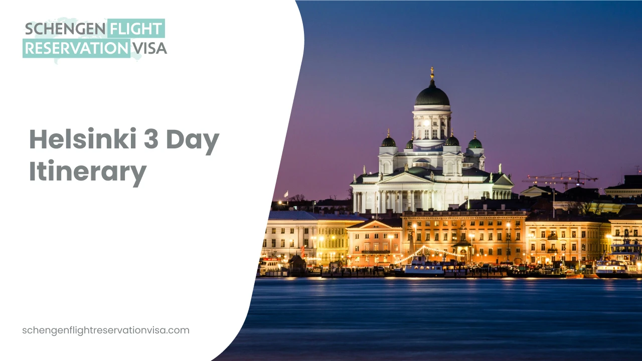 Helsinki 3 day itinerary featuring Helsinki Cathedral illuminated at night, waterfront city skyline, historic architecture, and top attractions in Finland’s capital