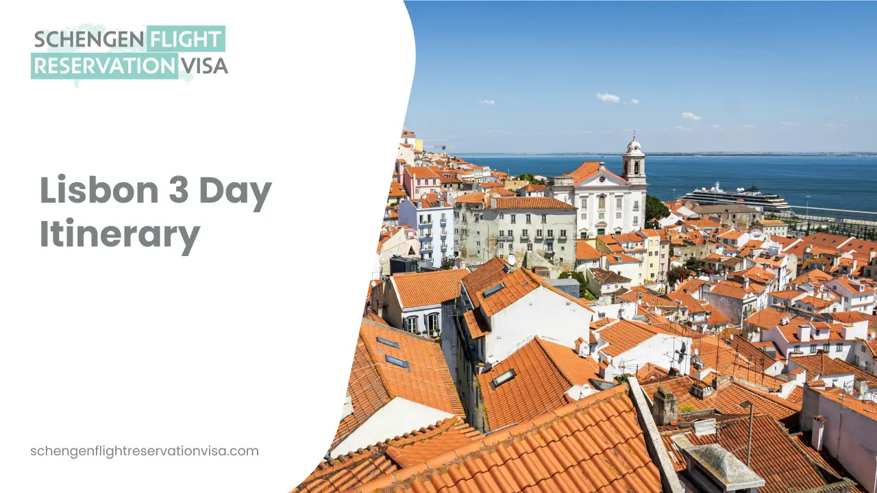Lisbon 3 day itinerary showcasing panoramic view of Alfama district with traditional red rooftops, historic buildings, Tagus River and cruise ship under clear blue sky, Portugal travel guide