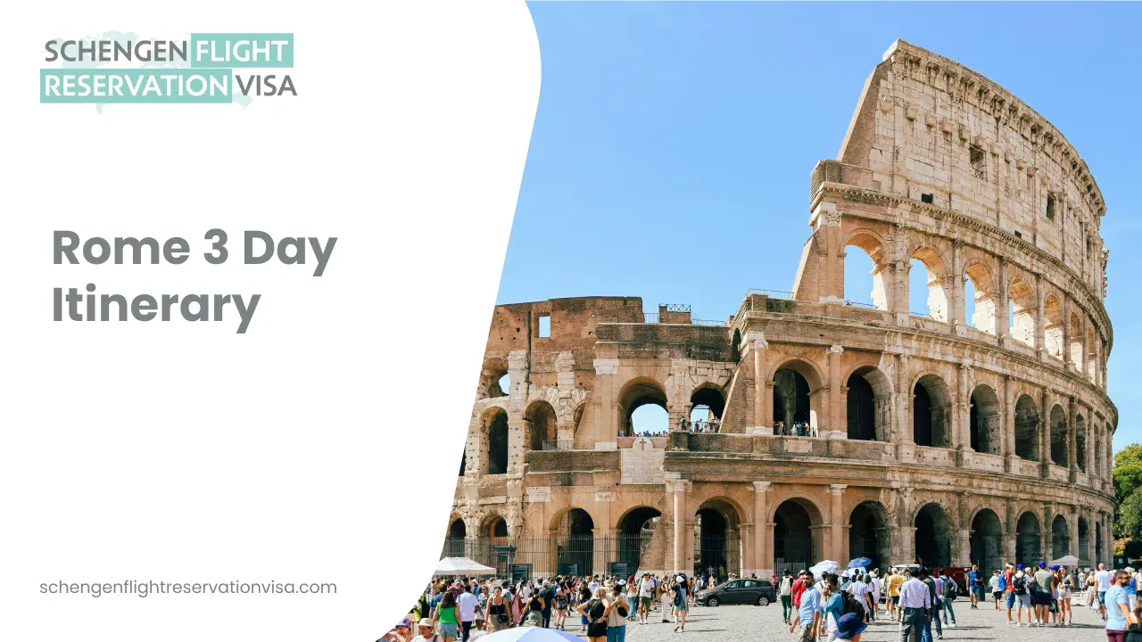 The Colosseum in Rome with tourists exploring the historic landmark, representing a Rome 3 day itinerary covering top attractions for first-time visitors.