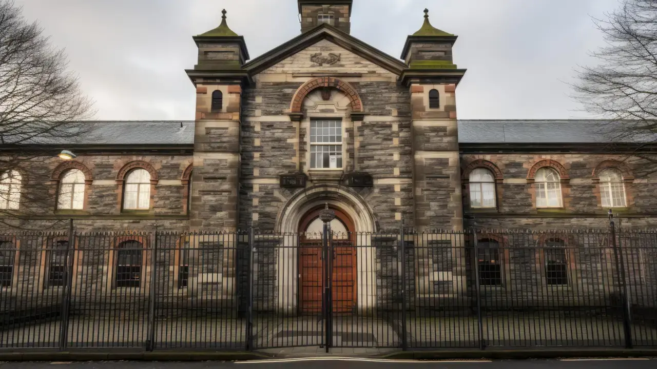 Historic stone prison building with arched doorway, iron gates, and symmetrical Victorian architecture under a cloudy sky.