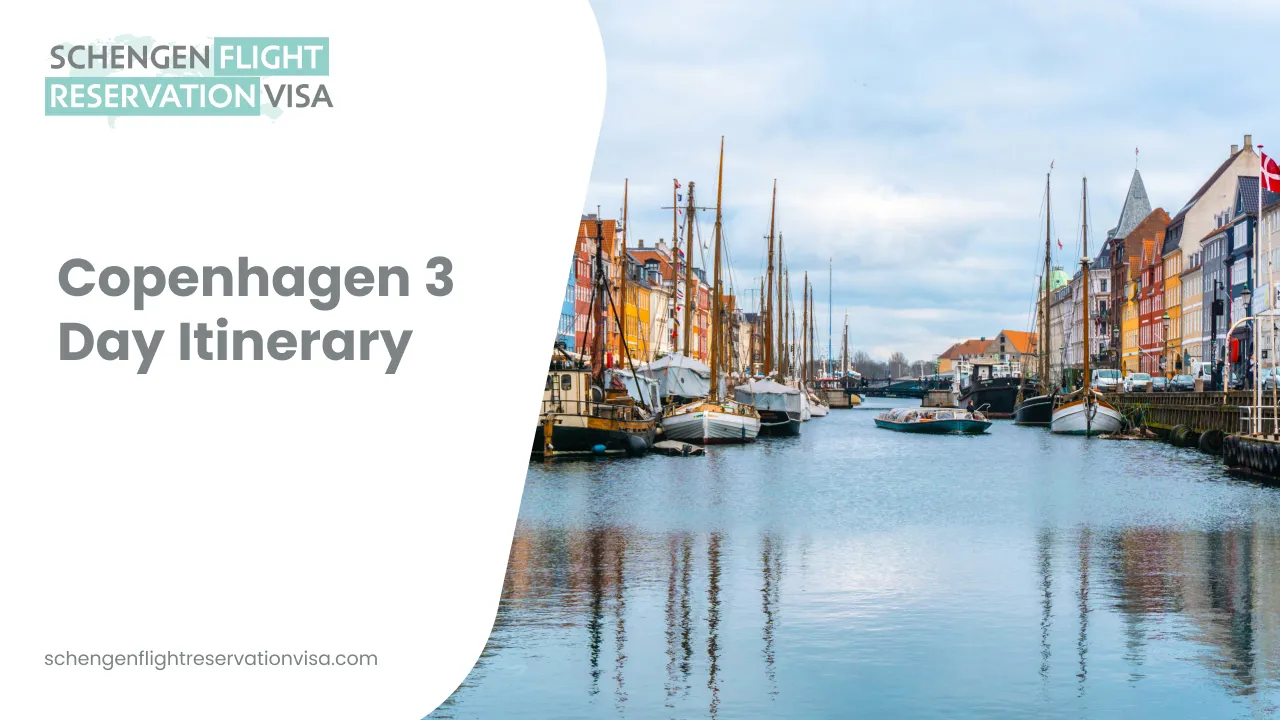 A wide-angle, eye-level shot of Nyhavn in Copenhagen, Denmark, featuring a canal filled with several docked wooden sailboats and a small tour boat in motion. The water reflects the cloudy sky and the rows of iconic, brightly colored historic townhouses lining the waterfront.