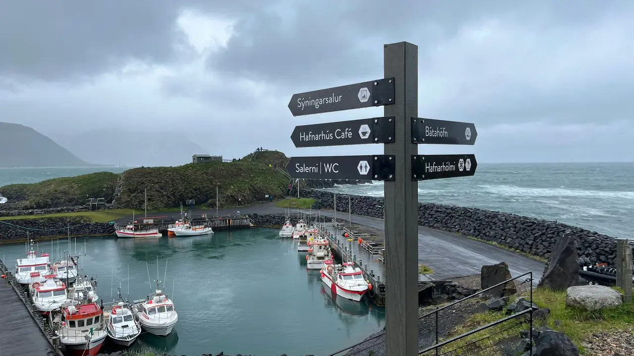 A grey directional signpost at a small, rocky harbor in Iceland, with multiple arrows pointing toward locations like