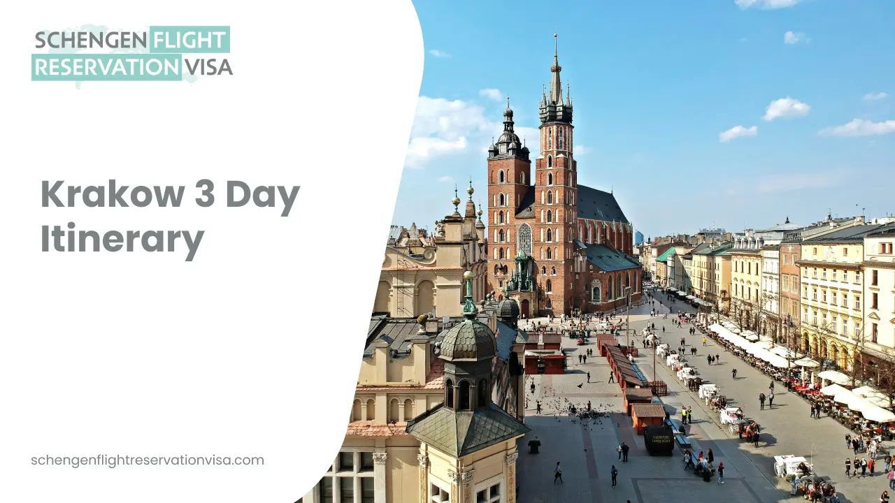 Krakow 3-day itinerary banner showing the historic Main Market Square with St. Mary’s Basilica, colorful old town buildings, and pedestrians under a blue sky, promoting a Schengen flight reservation visa travel guide.