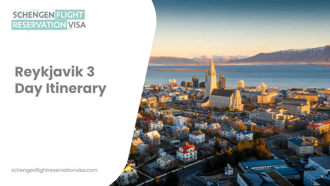 An aerial shot of Reykjavik, Iceland, featuring the Hallgrimskirkja church towering over colorful houses with a backdrop of blue water and mountains under a golden sky. A white graphic on the left includes the text