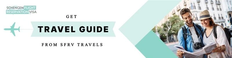 Schengen Flight Reservation Visa banner with Travel Guide from SFRV Travels and smiling tourists exploring a European city