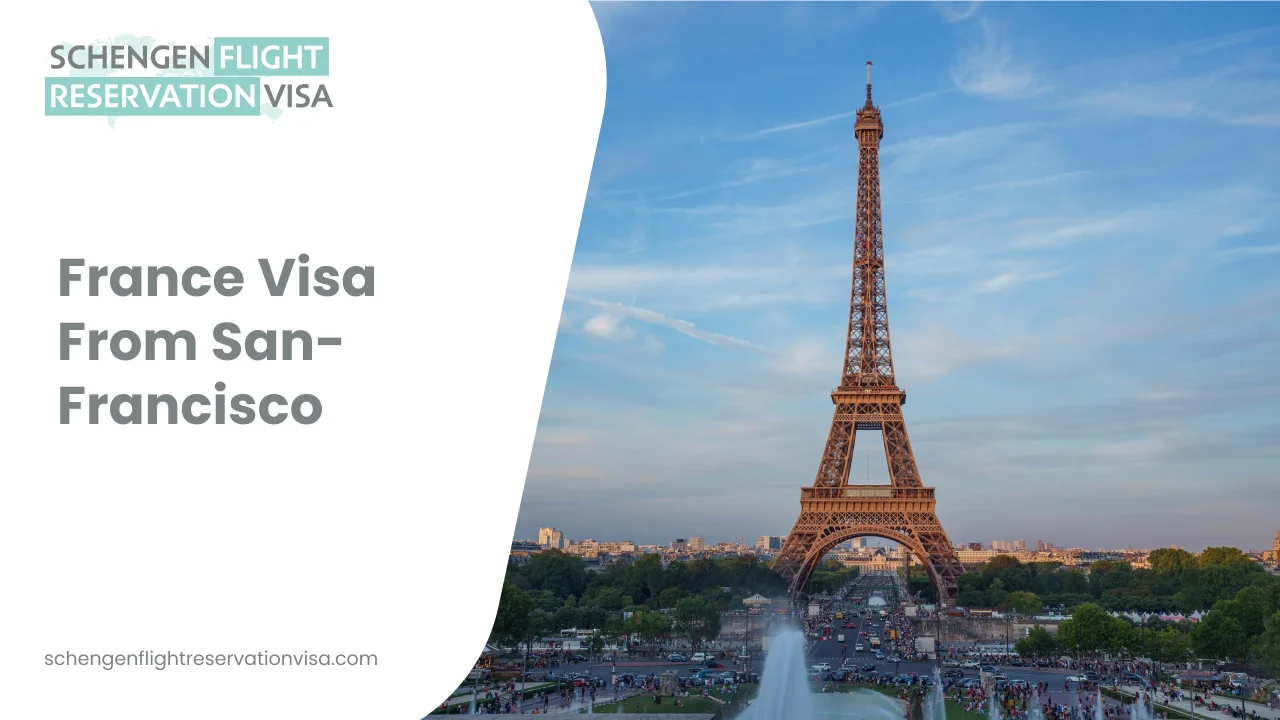 France visa from San Francisco Schengen flight reservation visa banner with Eiffel Tower Paris skyline background