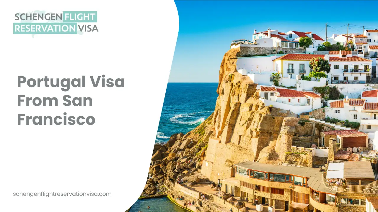 Portugal visa from San Francisco Schengen flight reservation banner with scenic cliffside coastal village in Portugal overlooking the Atlantic Ocean