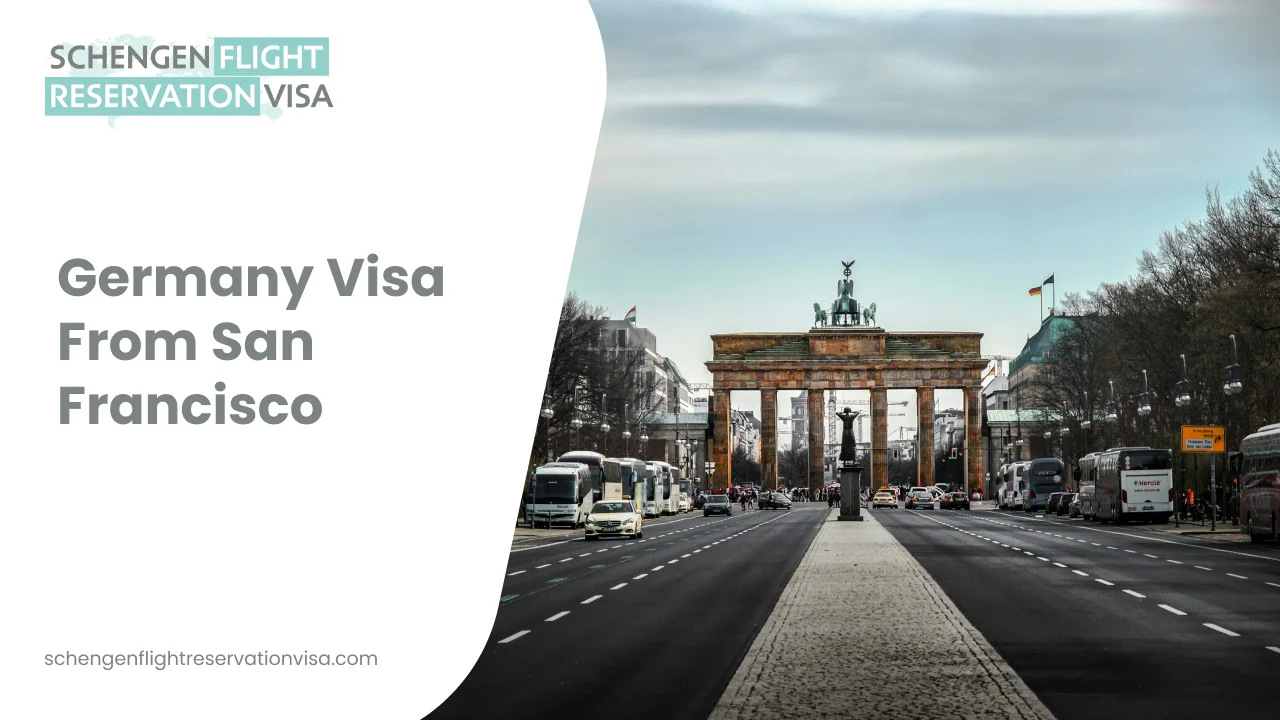 An image featuring the Brandenburg Gate in Berlin, Germany, viewed from a wide street with cars and tour buses parked along the sides. The left side of the image has a white overlay containing the text 