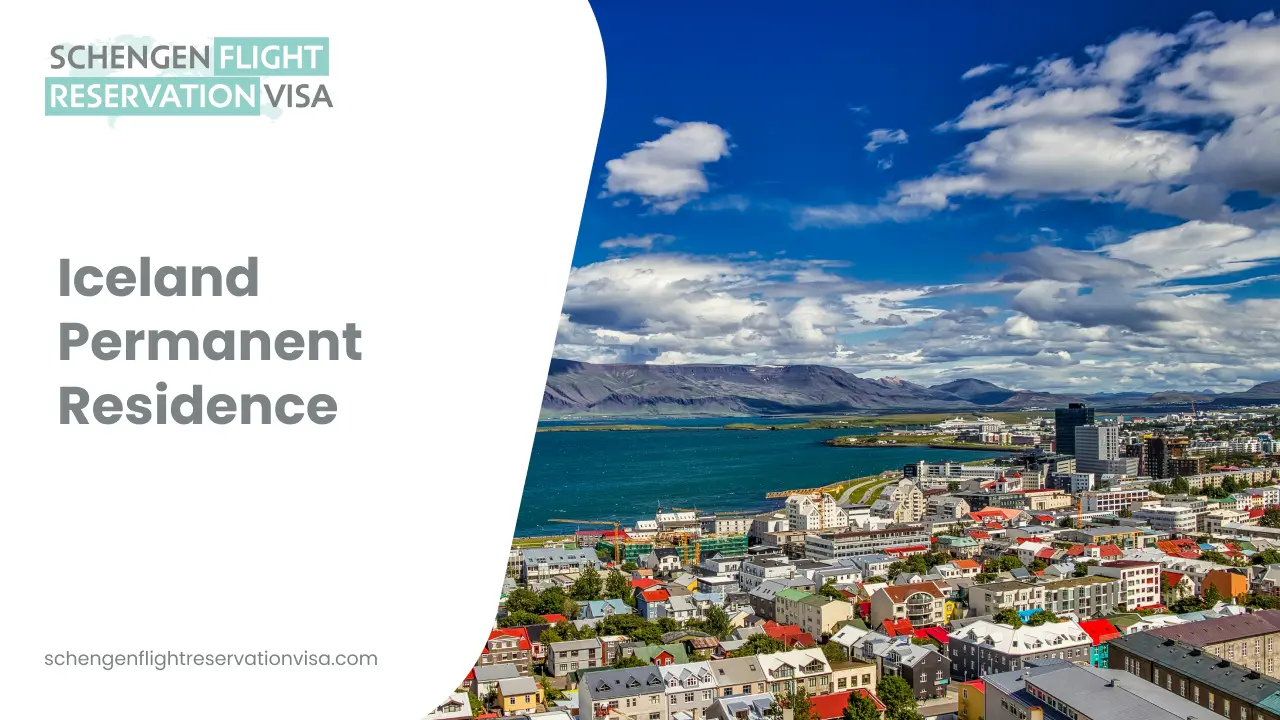 An aerial view of Reykjavik, Iceland, showing a coastal scene with colorful houses, red rooftops, and snow-capped mountains in the background. On the left side, a white overlay features the text