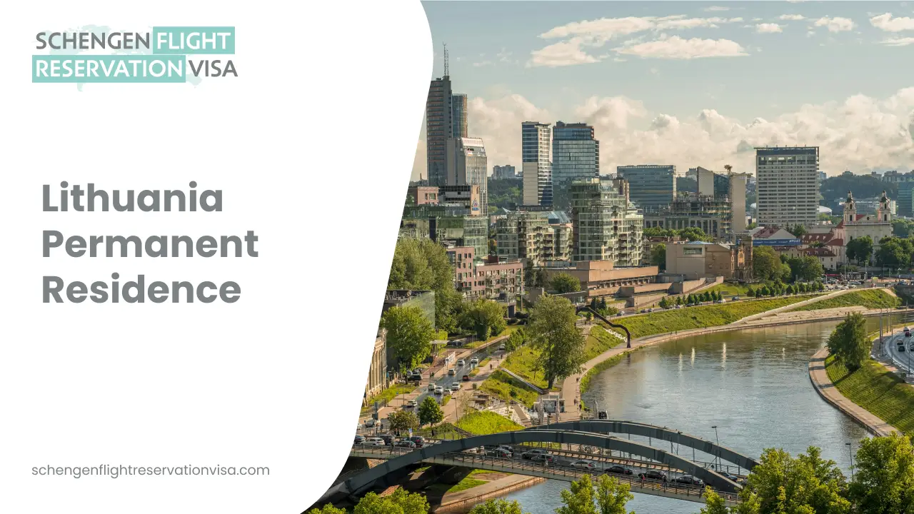 Lithuania permanent residence concept showing Vilnius city skyline with modern buildings, river and bridge, representing living, immigration, and residency opportunities in Lithuania.
