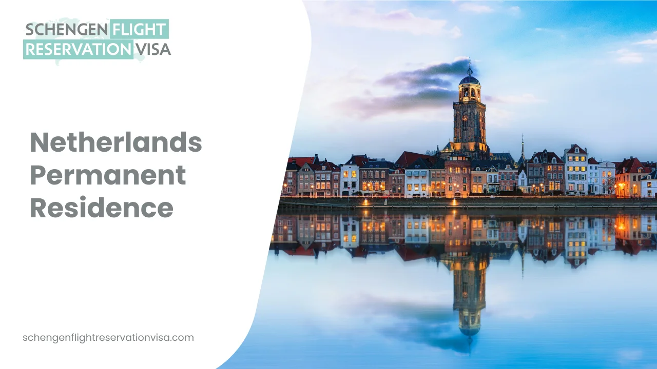 Netherlands permanent residence visa concept with Dutch canal houses and church tower skyline reflection at sunset for Schengen flight reservation visa services