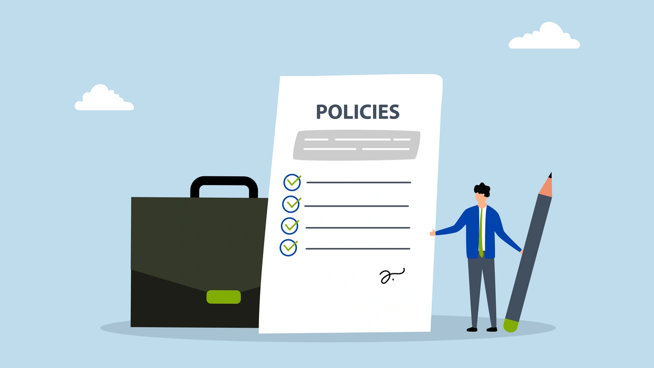 Illustration of a business policy document with checklist and signature, alongside a briefcase and businessman holding a large pencil, representing corporate policies, compliance, and company regulations.