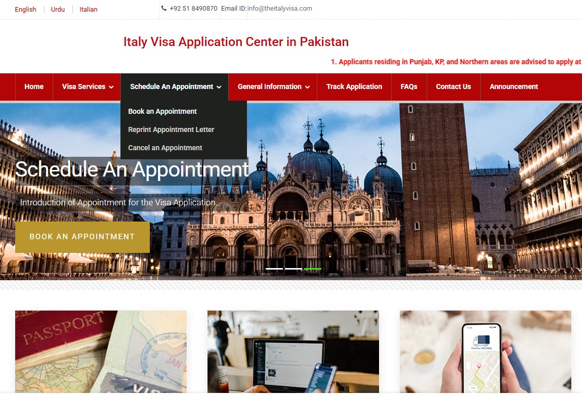 Book an appointment for an Italy visit visa from Pakistan