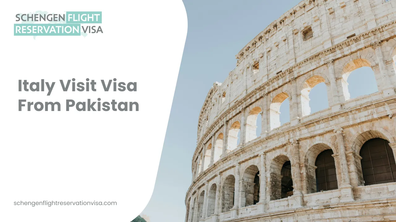 Italy visit visa from Pakistan banner featuring the Colosseum in Rome, promoting Schengen flight reservation and visa services.