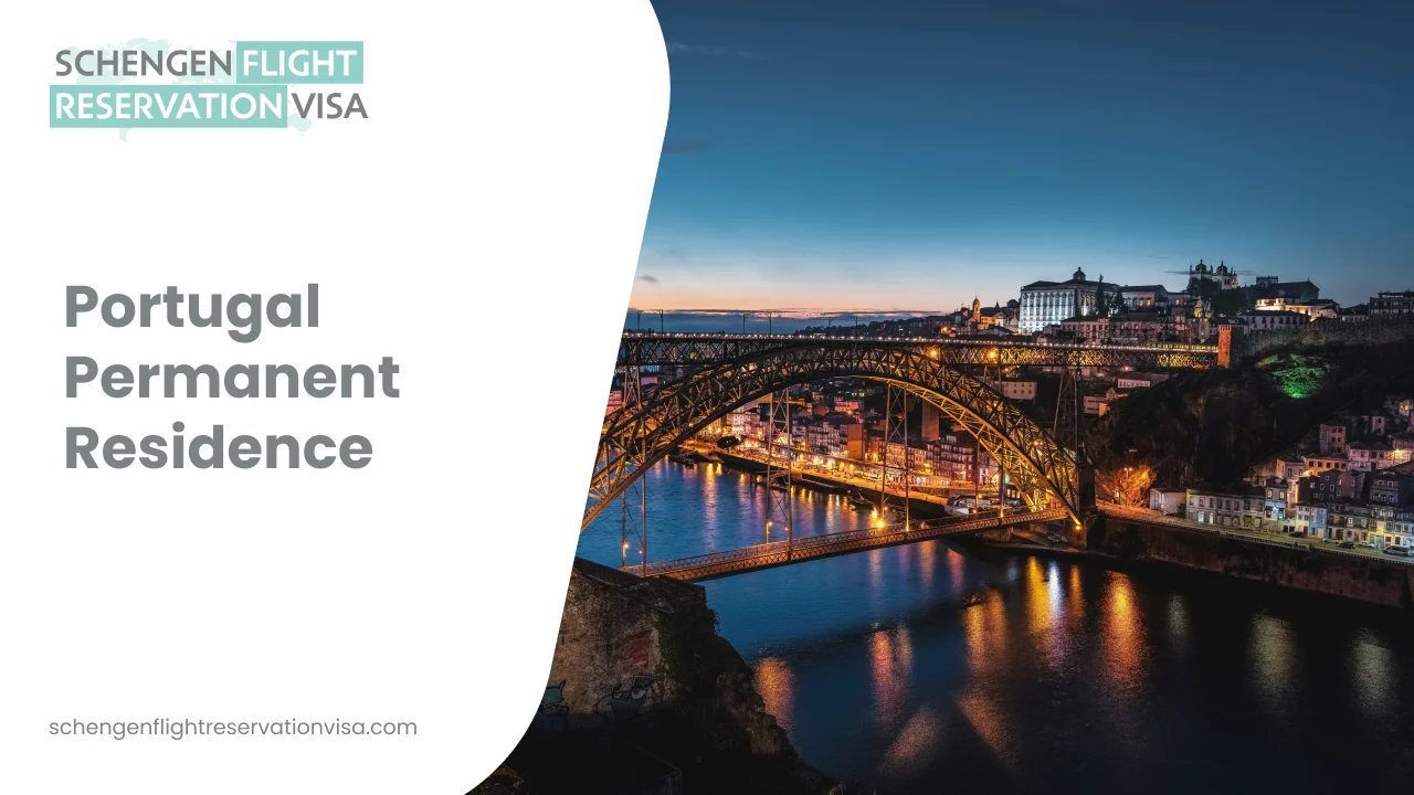 An evening landscape of the Dom Luís I Bridge in Porto, Portugal, illuminated with golden lights. The double-deck iron arched bridge spans the Douro River, reflecting its lights in the dark water below. The historic hillside buildings of the city are visible in the background under a deep blue twilight sky. The left side of the image features a white graphic overlay with the text