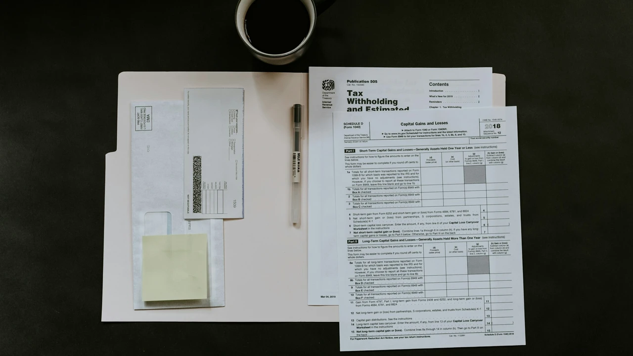 A close-up, high-angle view of a person's hands holding a green Romanian passport over a desk. In the background, there are blurred office supplies, including a pen and a document. A white graphic overlay on the left side features the