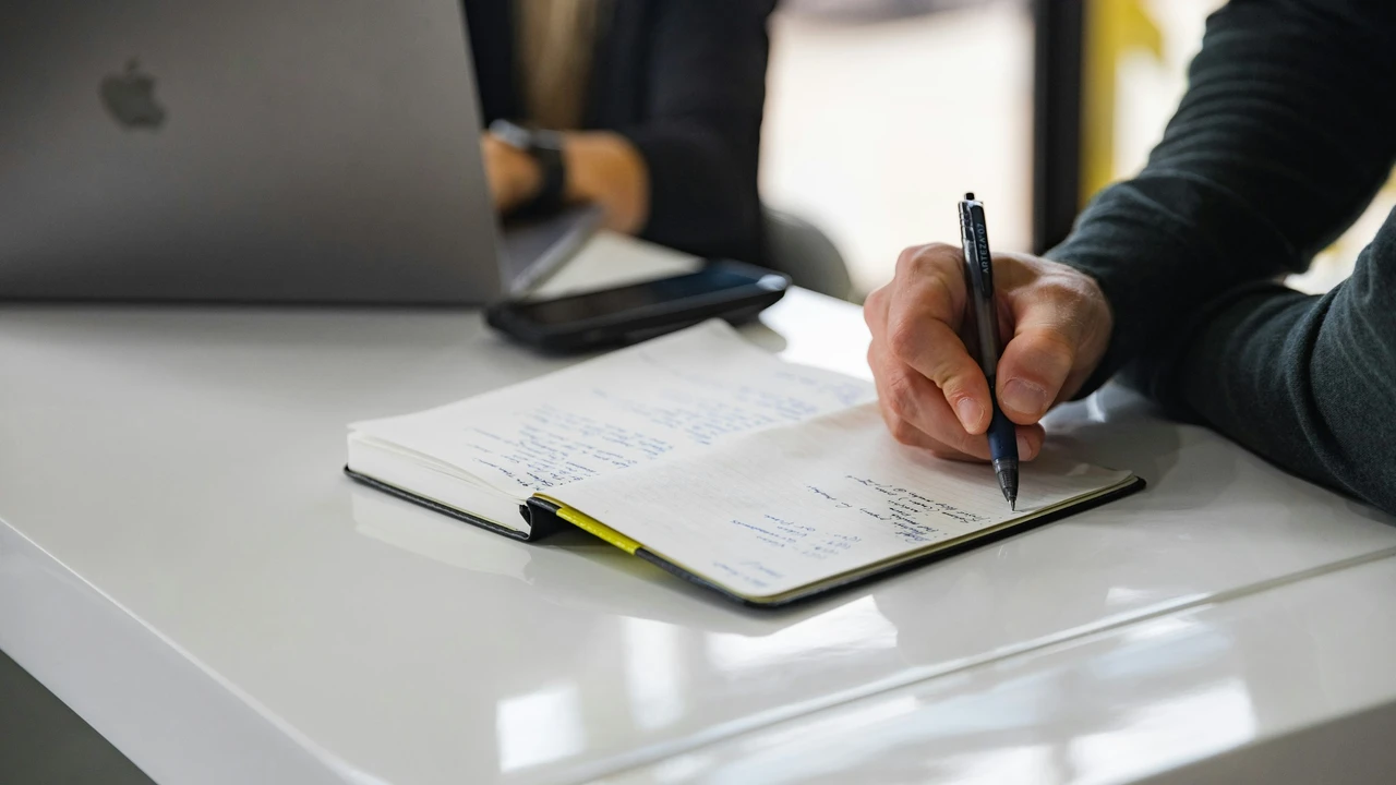 A close-up of a person's hand writing in a notebook with a black pen on a white desk. In the blurred background, another person works on a laptop next to a smartphone.