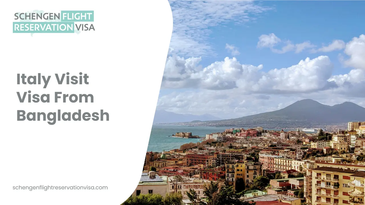 Italy visit visa from Bangladesh – Schengen flight reservation visa banner with scenic coastal city view of Naples, Italy and Mount Vesuvius.