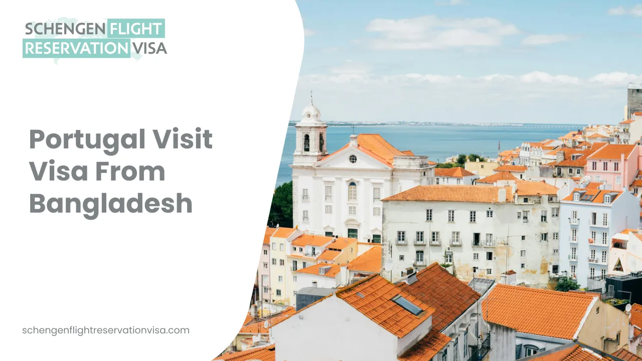 Portugal visit visa from Bangladesh banner featuring a scenic view of Lisbon with traditional red-roofed buildings, historic church architecture, and the Atlantic coastline, promoting Schengen flight reservation visa services.