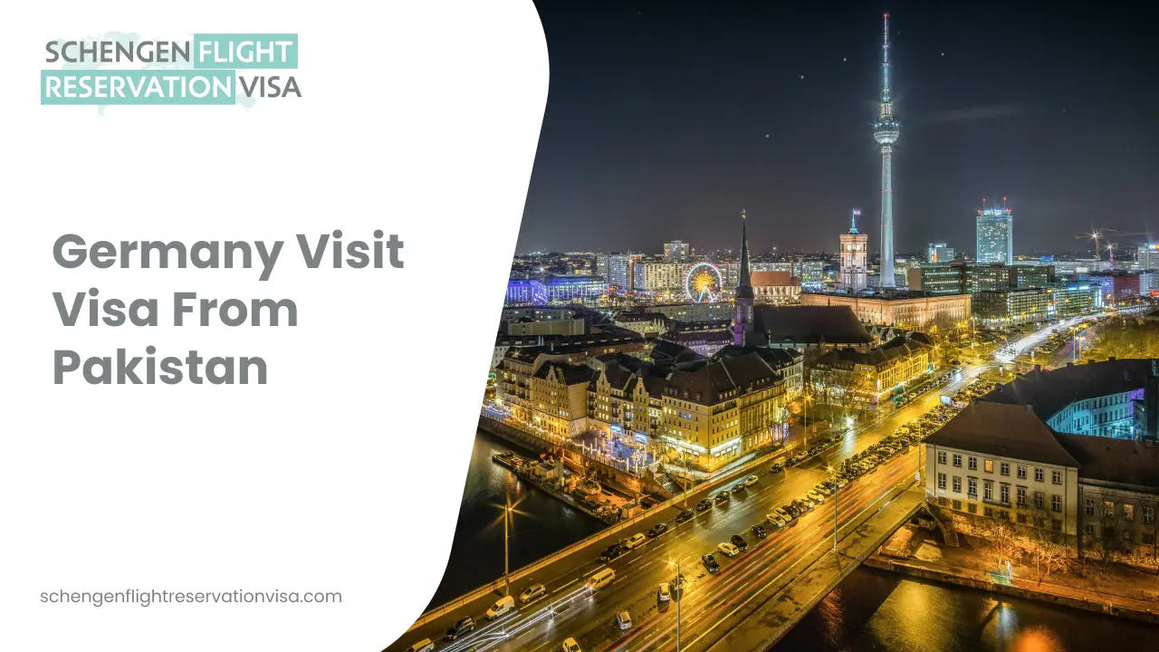 Promotional banner for a Germany visit visa from Pakistan, featuring a nighttime cityscape of Berlin and the iconic TV Tower.