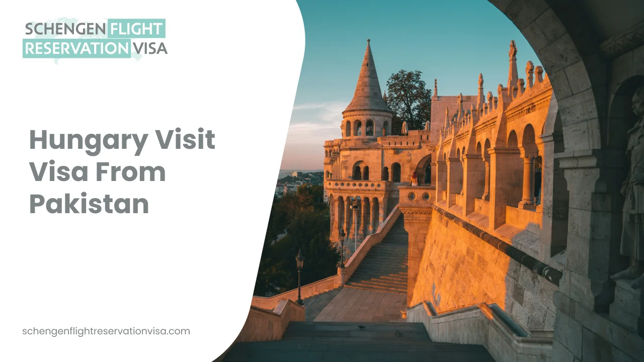 Hungary Visit Visa from Pakistan promotional banner featuring Budapest’s Fisherman’s Bastion at sunset, highlighting Schengen flight reservation visa services.