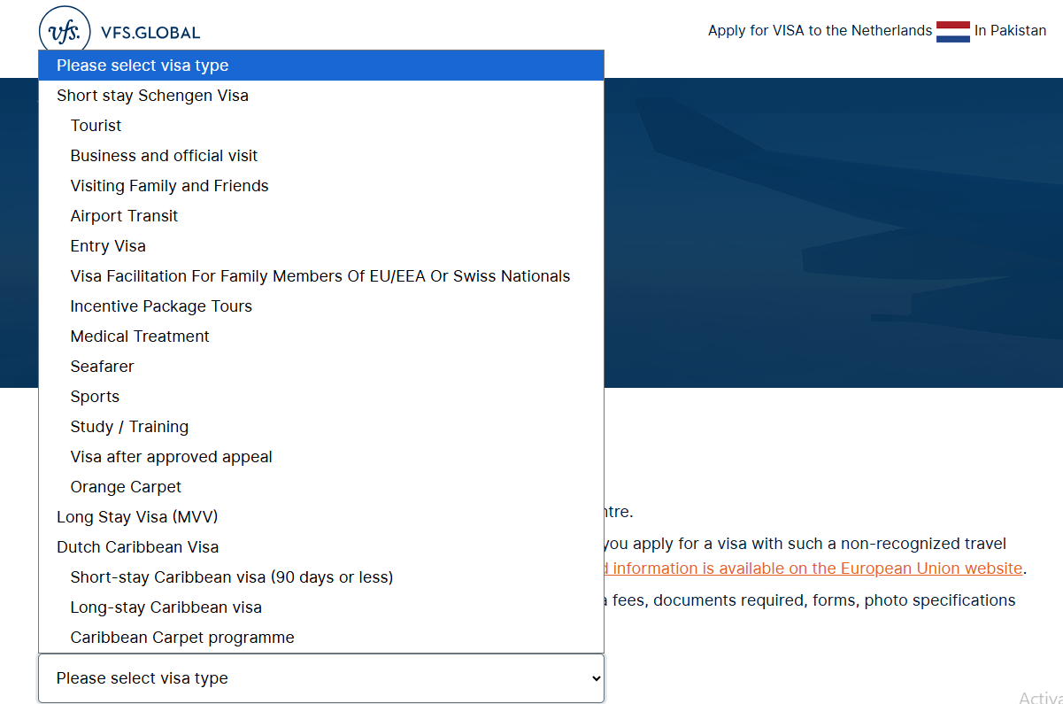 Select the visa type to travel to Finland from Pakistan
