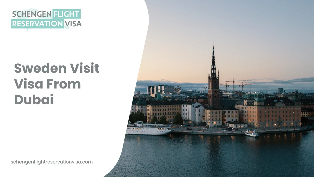 Sweden visit visa from Dubai promotional banner featuring Stockholm city skyline and waterfront at dusk, with ‘Sweden Visit Visa From Dubai’ text and Schengen flight reservation visa branding.