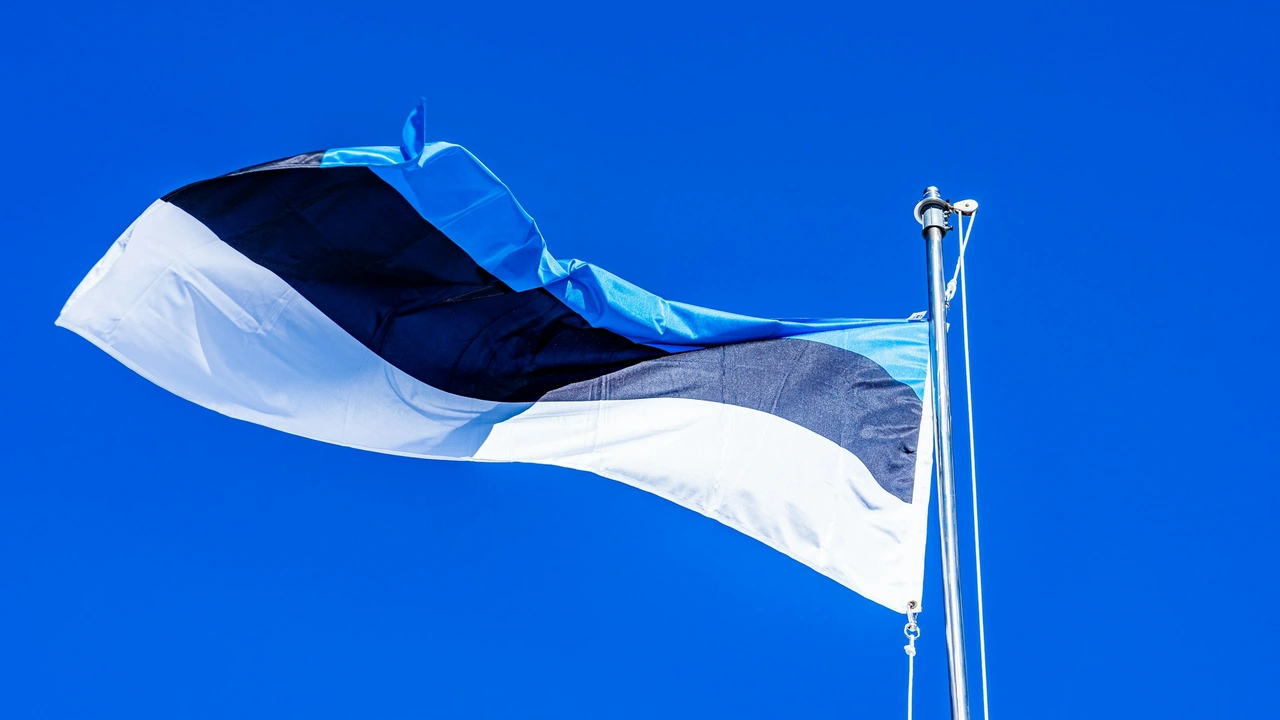  An image of the national flag of Estonia waving against a vibrant, clear blue sky. The flag features its signature three horizontal bands of blue, black, and white. It is attached to a silver flagpole visible on the right side of the frame